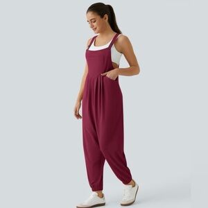 Halara Cranberry Anemone Waffle Knit Cuffed Overalls Jumpsuit Women's M Tall